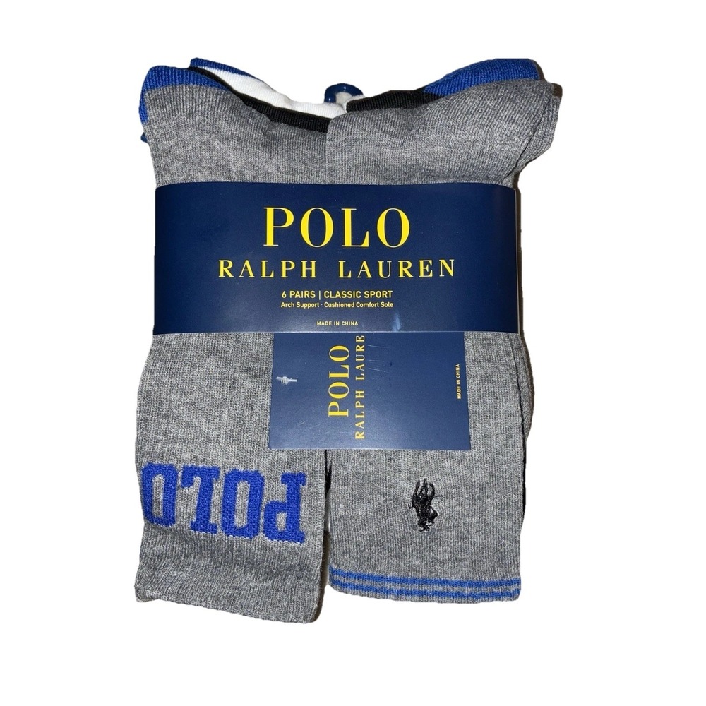 Polo Ralph Lauren Crew Socks Men's 6-12.5 Black Gray White Logo Pony 6 Pairs NEW